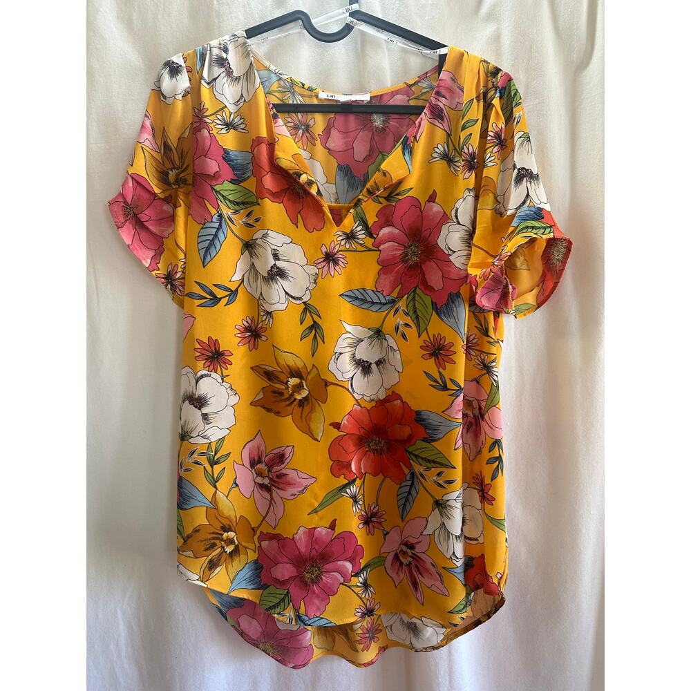 DR2 Floral Blouse Size Small Yellow Multicolor V-Neck Lightweight Spring Top